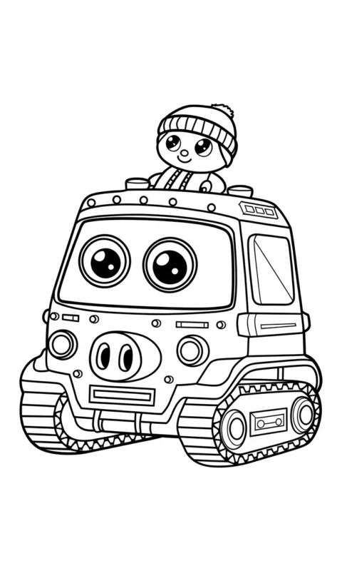 Kolorowanka dla dzieci przedstawiająca zabawnego robota-pojazd o świńskim pyszczku z małą postacią na górze - kolorowanki brawl stars