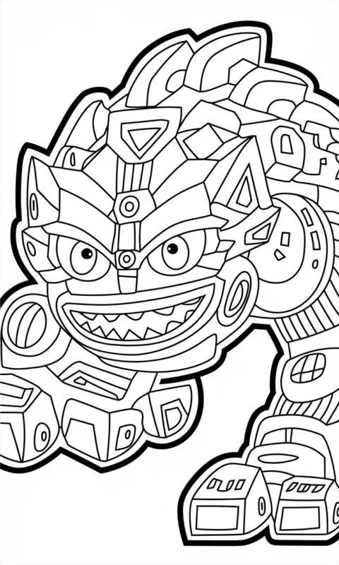 kolorowanka dla dzieci przedstawiająca mechanicznego potwora z zębatymi elementami do pokolorowania - kolorowanki piratix