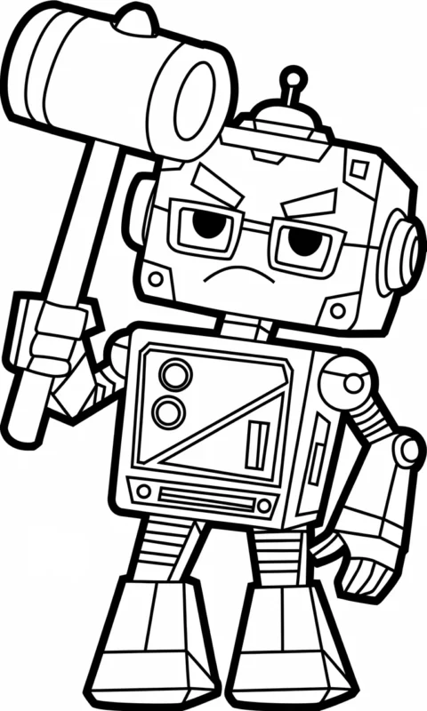 Kolorowanka dla dzieci przedstawiająca zabawnego robota z młotkiem