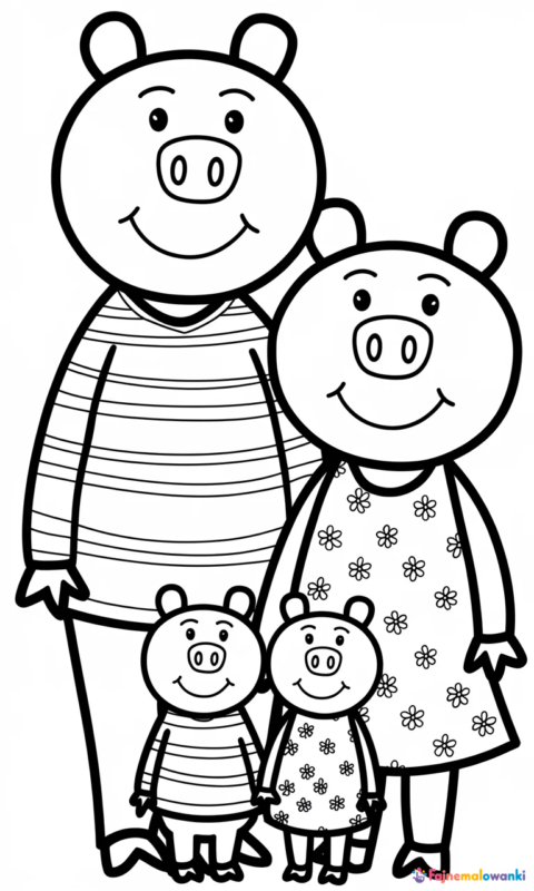 kolorowanka dla dzieci przedstawiająca wesołą rodzinę świnek