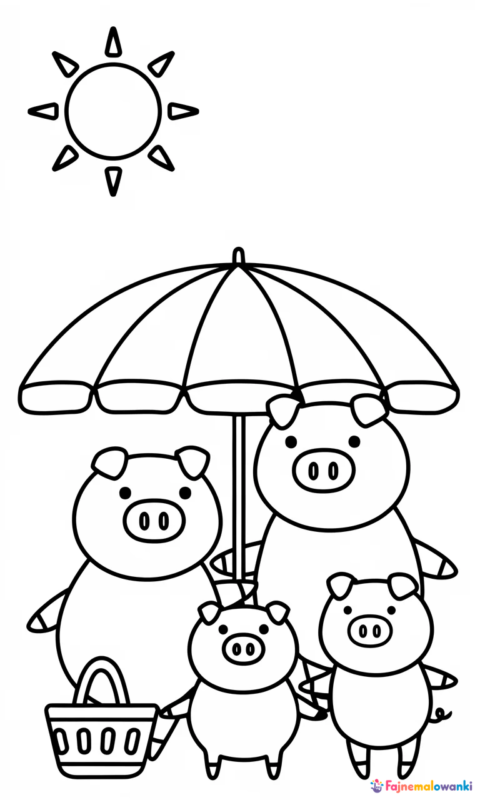 kolorowanka dla dzieci przedstawiająca rodzinę świnek na pikniku z parasolem i koszykiem - kolorowanki świnka peppa