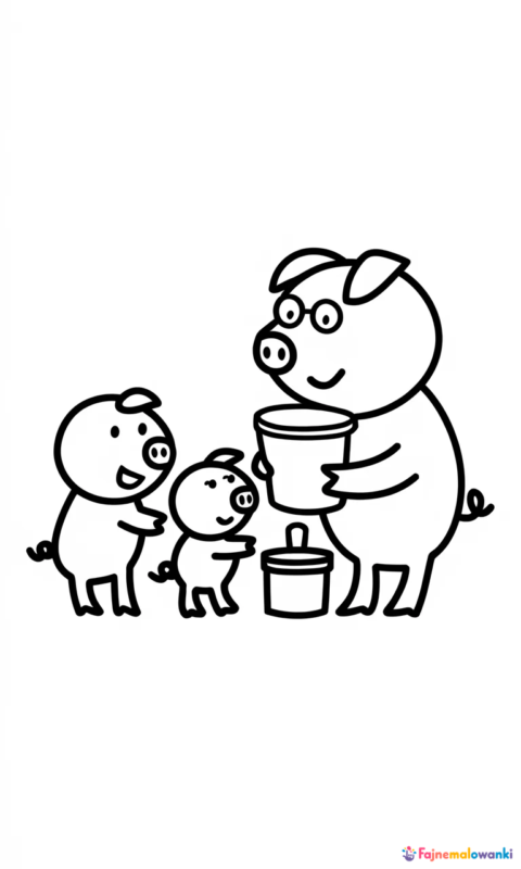 kolorowanka dla dzieci z rodziną świnek przy posiłku