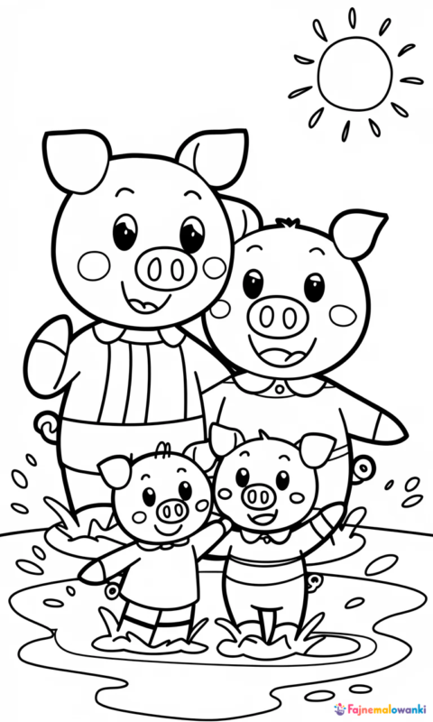 kolorowanka dla dzieci przedstawiająca rodzinę świnek bawiących się w kałuży