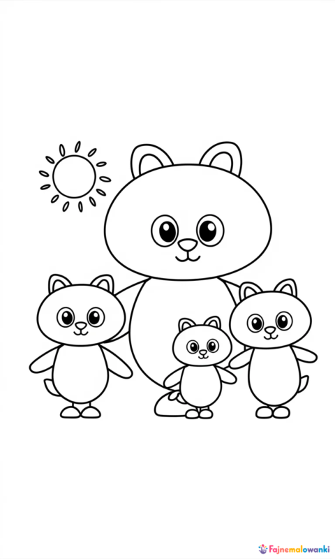 kolorowanka dla dzieci przedstawiająca rodzinę uroczych zwierzątek
