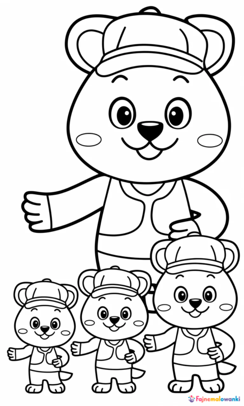 kolorowanka dla dzieci przedstawiająca rodzinę uroczych zwierzątek stojących w kolejce