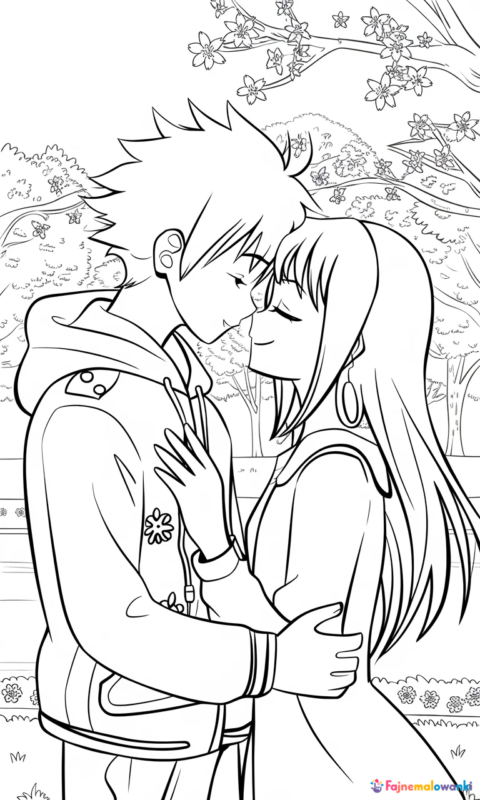 Romantyczna kolorowanka dla dzieci przedstawiająca dwie postacie w stylu anime w czułym uścisku - kolorowanki naruto