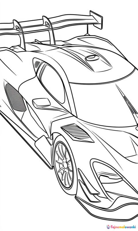 kolorowanka dla dzieci przedstawiająca nowoczesny samochód wyścigowy z dużym spojlerem do pokolorowania - kolorowanki samochody