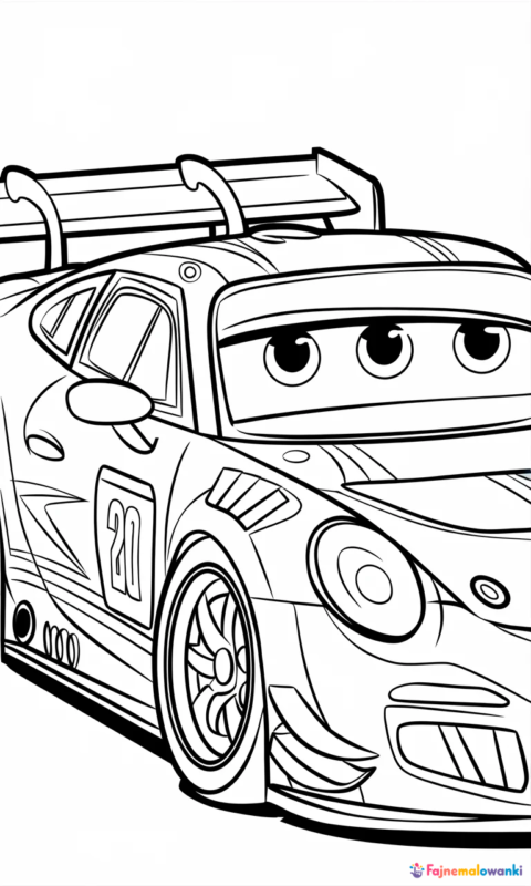 kolorowanka dla dzieci przedstawiająca uśmiechnięty samochód wyścigowy z dużymi oczami do pokolorowania - auta cars