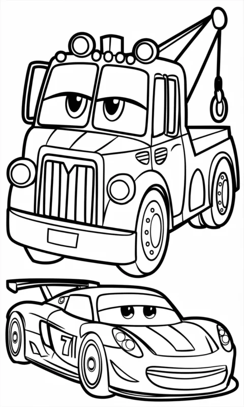 kolorowanka dla dzieci przedstawiająca dwa wesołe pojazdy - uśmiechnięty samochód pomocy drogowej i wyścigówkę - auta cars