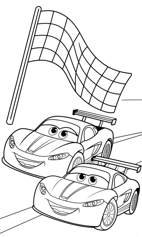 kolorowanka dla dzieci z dwoma wyścigowymi samochodami i flagą w szachownicę do pokolorowania - auta cars