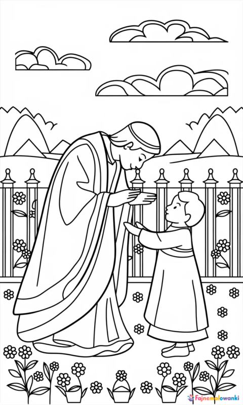 kolorowanka religijna dla dzieci przedstawiająca scenę błogosławieństwa w ogrodzie wśród kwiatów - kolorowanki komunia świeta