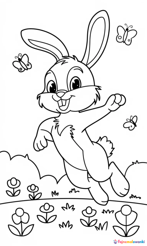 kolorowanka dla dzieci przedstawiająca skaczącego króliczka na wiosennej łące z kwiatkami i motylkami do pokolorowania - kolorowanki króliczki