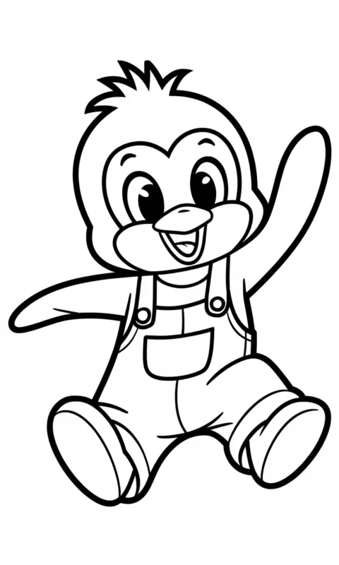 Kolorowanka dla dzieci z wesołym pingwinem w ogrodniczkach skaczącym do przodu