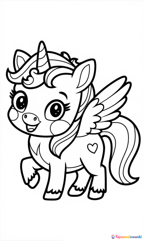 Kolorowanka dla dzieci przedstawiająca uroczego jednorożca ze skrzydłami i sercem do pokolorowania - kolorowanki jednorożec