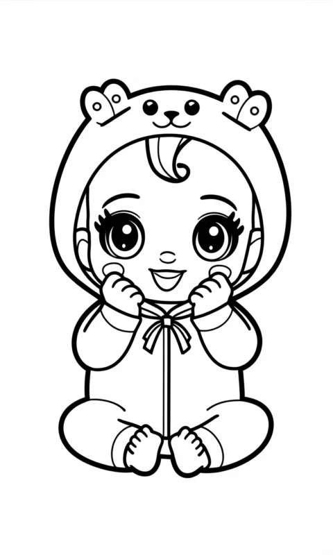 kolorowanka dla dzieci z uroczą postacią w kostiumie z kapturem