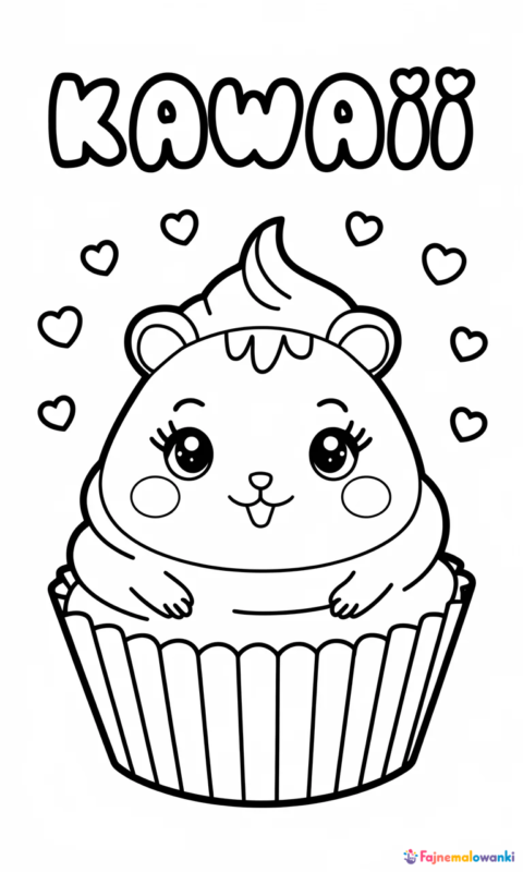 kolorowanka dla dzieci z uroczym chomiczkiem siedzącym w babeczce