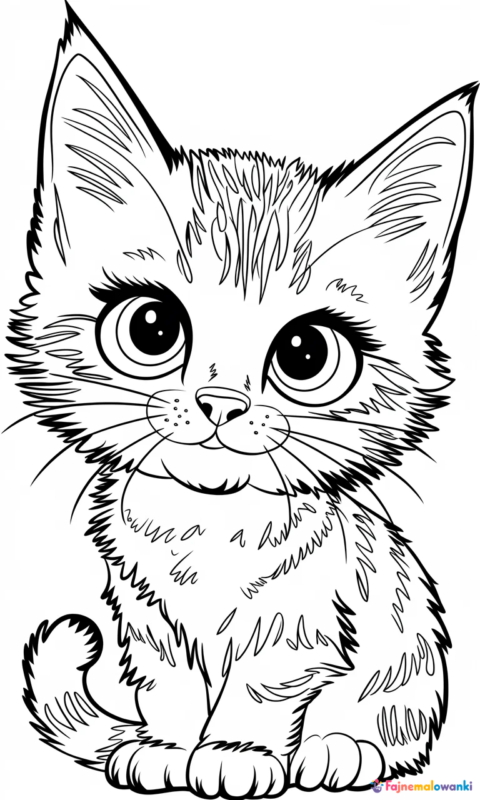 Kolorowanka dla dzieci przedstawiająca uroczego kotka w pozycji siedzącej z puszystym ogonem - kolorowanki koty
