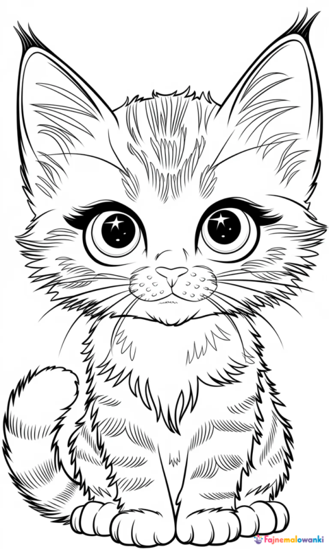 kolorowanka dla dzieci przedstawiająca uroczego kotka z dużymi oczami i puszystym ogonem do pokolorowania - kolorowanki koty