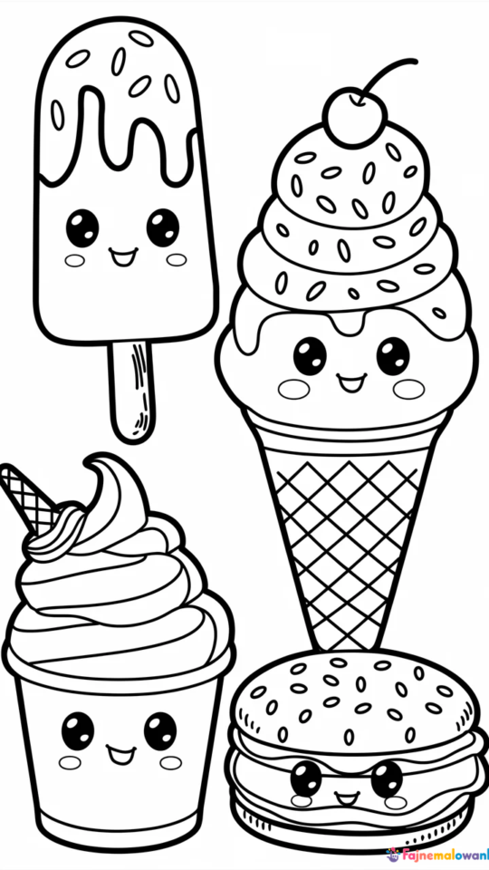 Kolorowanka Kawaii z Lodami dla Dzieci – Relaks i Kreatywność