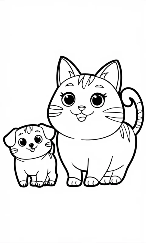 Kolorowanka dla dzieci z dwoma uroczymi stworkami w stylu chibi - większy przypominający kotka i mniejszy jak szczeniaczek - kolorowanki pokemon