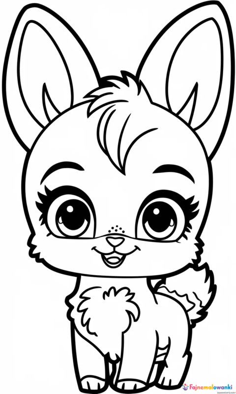 Kolorowanka dla dzieci przedstawiająca uroczego zwierzątka w stylu kawaii z dużymi oczami i puszystym ogonkiem - kolorowanki littlest pet shop
