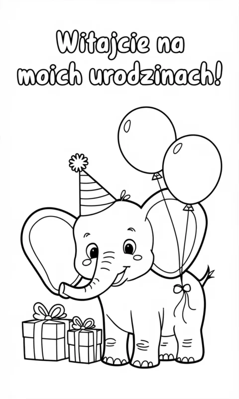 kolorowanka urodzinowa dla dzieci ze słonikiem w czapeczce urodzinowej