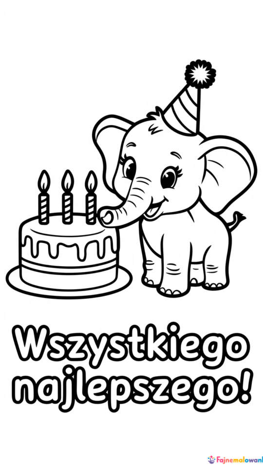 Kolorowanka na urodziny ze słoniem dla dzieci do druku