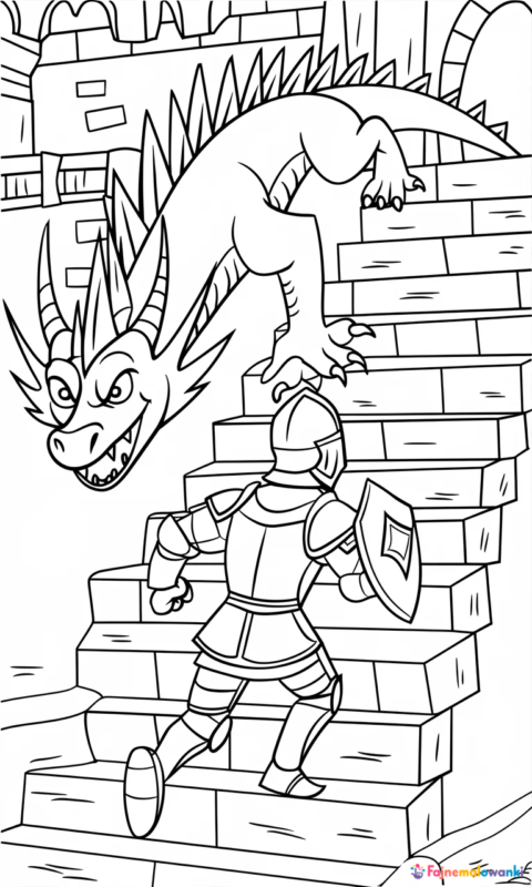 kolorowanka dla dzieci z zabawnym smokiem goniącym rycerza po zamkowych schodach
