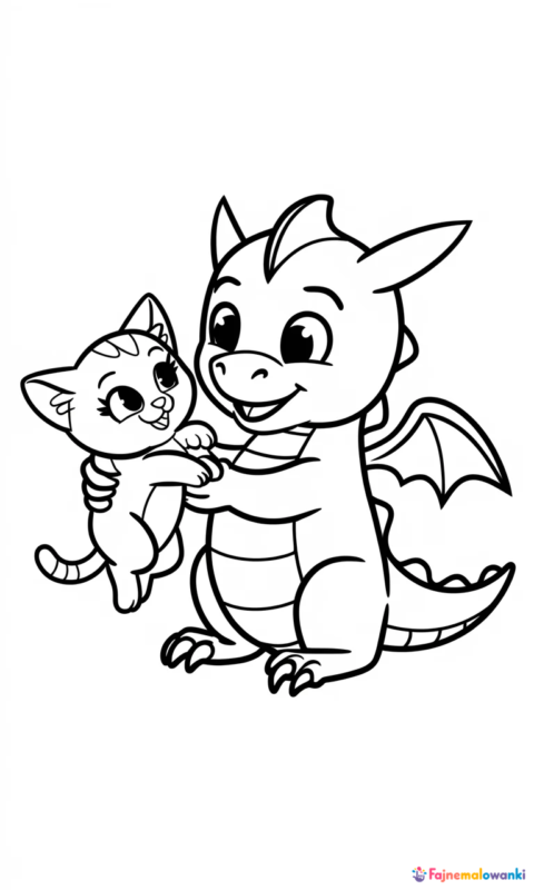 kolorowanka dla dzieci przedstawiająca przyjaznego smoka bawiącego się z małym kotkiem