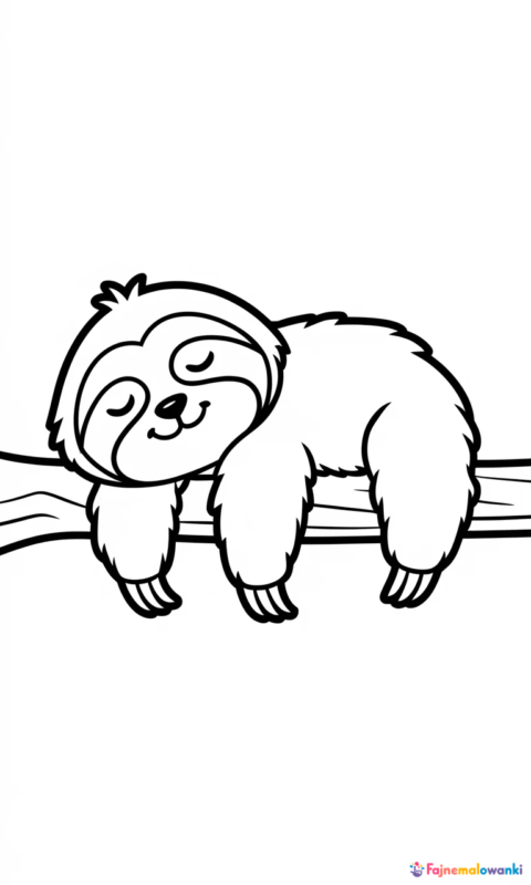 kolorowanka dla dzieci przedstawiająca śpiącego leniwca na gałęzi