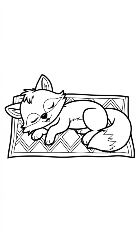 Kolorowanka dla dzieci przedstawiająca śpiącego lisa na wzorzystym kocyku