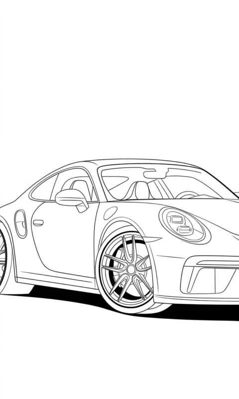 kolorowanka dla dzieci przedstawiająca sportowy samochód z detalami do pokolorowania