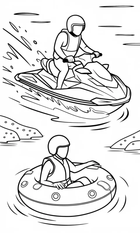 kolorowanka dla dzieci przedstawiająca sporty wodne - skuter wodny i koło do pływania
