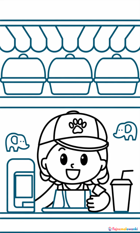 kolorowanka dla dzieci przedstawiająca małego sprzedawcę w kawiarni ze słonikami w tle