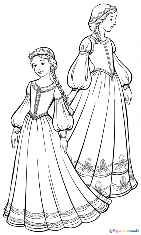 kolorowanka dla dzieci z postaciami średniowiecznych księżniczek w długich sukniach do pokolorowania - kolorowanki merida waleczna
