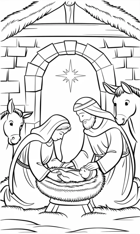 kolorowanka świąteczna dla dzieci przedstawiająca scenę w stajence betlejemskiej do pokolorowania - kolorowanki religijne