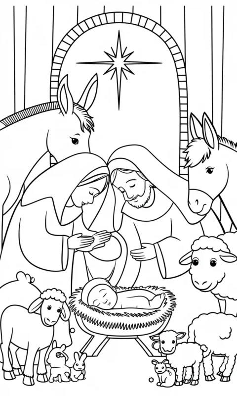 kolorowanka dla dzieci przedstawiająca scenę w stajence ze zwierzętami