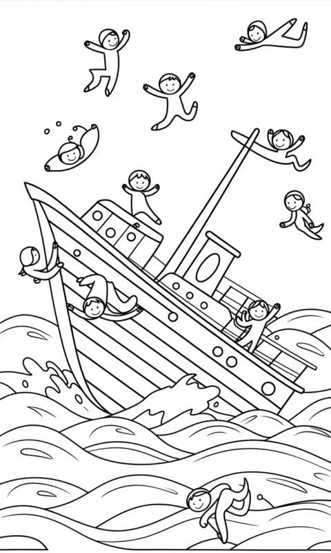 Kolorowanka dla dzieci przedstawiająca zabawną scenę tonącego statku z postaciami skaczącymi do wody - kolorowanki religijne