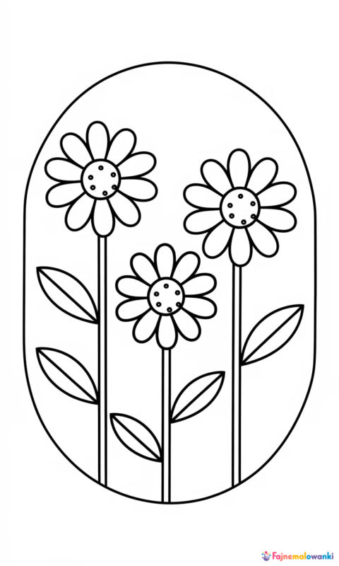 kolorowanka wiosenna z trzema stokrotkami na owalnym tle
