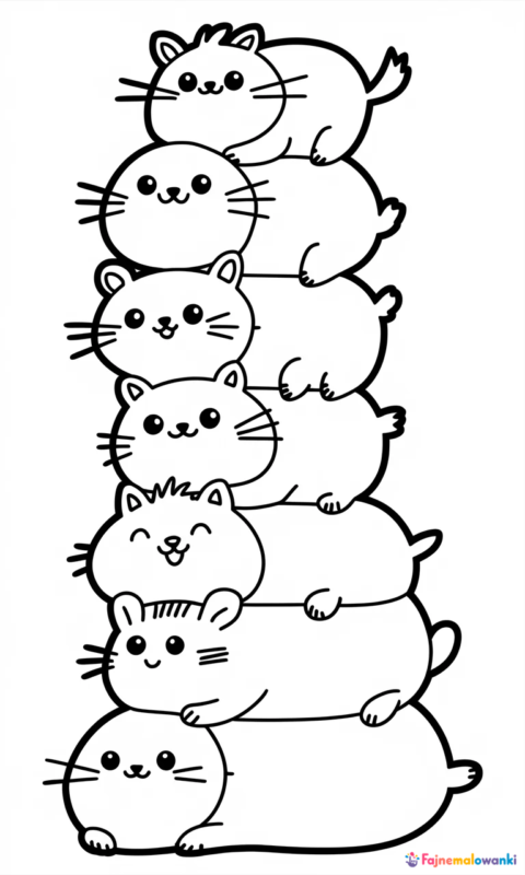 Kolorowanka dla dzieci przedstawiająca stos uroczych pyzatych zwierzątek ułożonych jeden na drugim do pokolorowania - kolorowanki koty