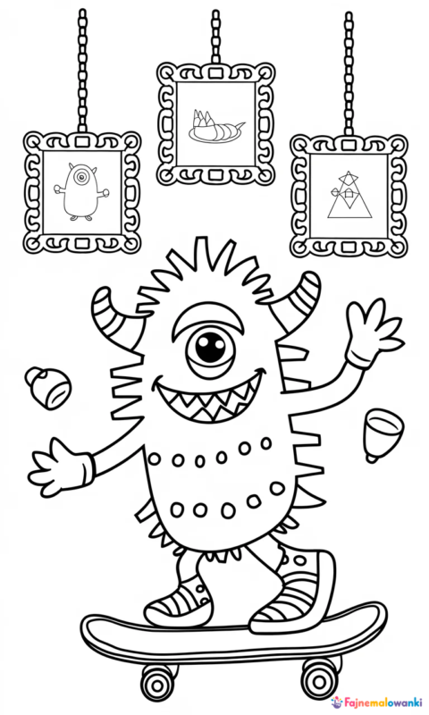 Kolorowanka dla dzieci z zabawnym stworkiem na deskorolce żonglującym przedmiotami