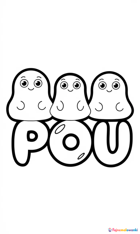 Kolorowanka dla dzieci przedstawiająca trzy wesołe stworki i napis POU do pokolorowania - kolorowanki pou
