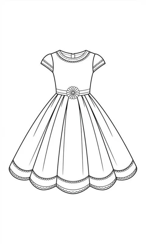 Kolorowanka sukienki dla dziewczynki z kwiatową ozdobą przy pasie