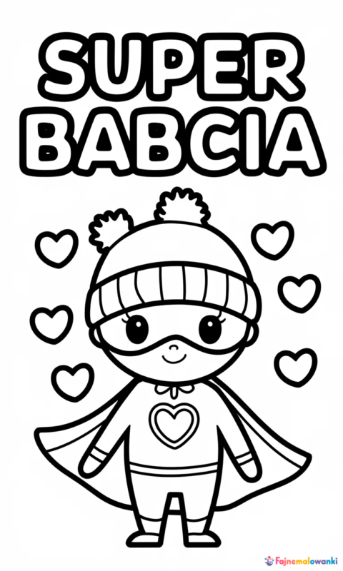 Kolorowanka dla dzieci przedstawiająca postać Super Babci w stroju superbohatera