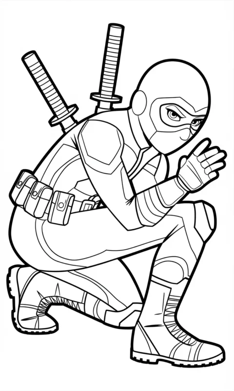 kolorowanka dla dzieci przedstawiająca superbohatera w stroju ninja z bronią do sztuk walki - kolorowanki deadpool