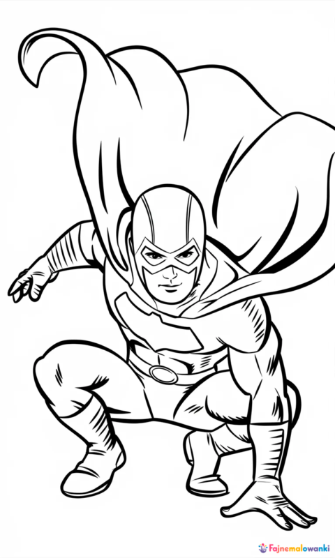 kolorowanka dla dzieci przedstawiająca superbohatera w masce i pelerynie w dynamicznej pozie do pokolorowania - kolorowanki batman