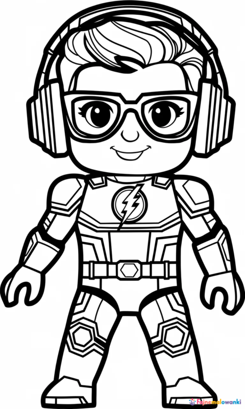 kolorowanka dla dzieci przedstawiająca superbohatera w słuchawkach i goglach