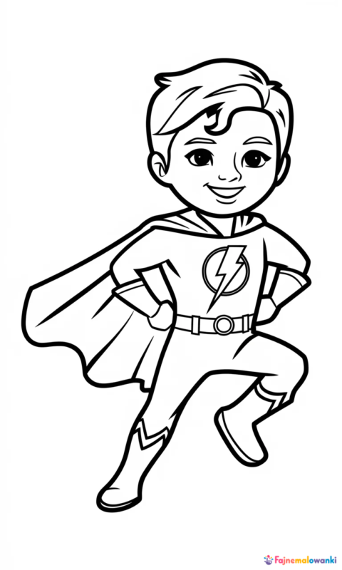 kolorowanka dla dzieci przedstawiająca superbohatera w kostiumie z błyskawicą