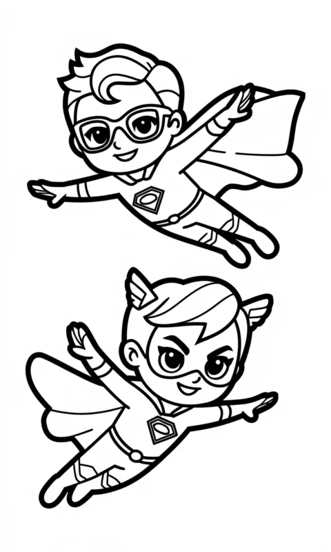 kolorowanka dla dzieci z postaciami superbohaterów w pozach do lotu