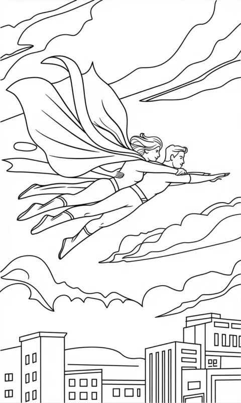 kolorowanka dla dzieci przedstawiająca parę superbohaterów lecących nad miastem